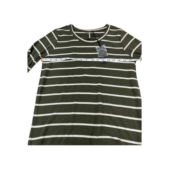 Poof Womens L Soft Knit Sweater Olive Green Striped Key Hole Back Stretchy Knit - Picture 6 of 9